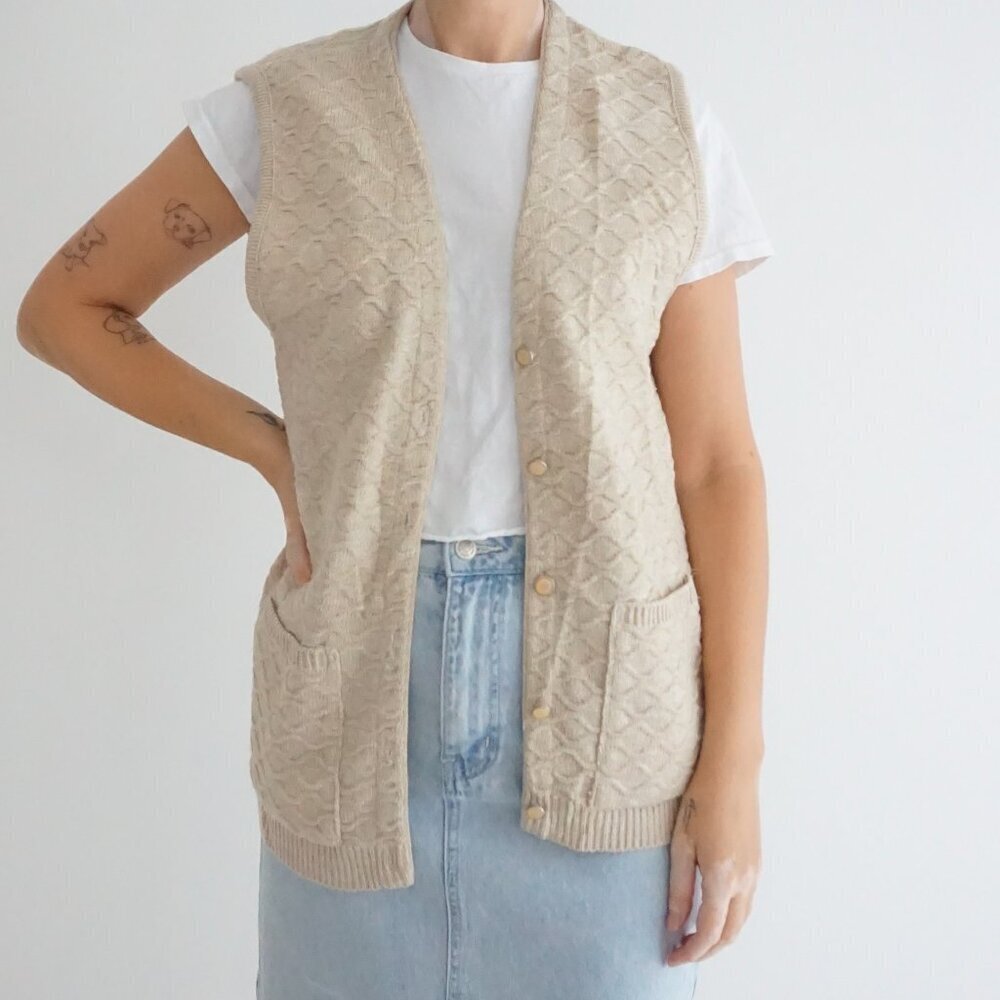 Vintage Penmans Cream Cable Knit Button Front Textured Sleeveless Sweater Vest M
